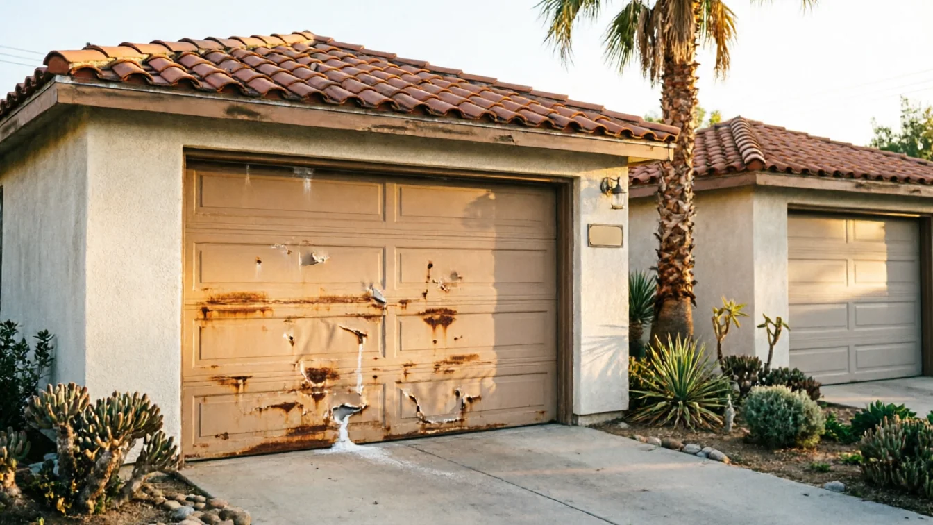 A damaged and rusty garage door is on a house with a tiled roof.