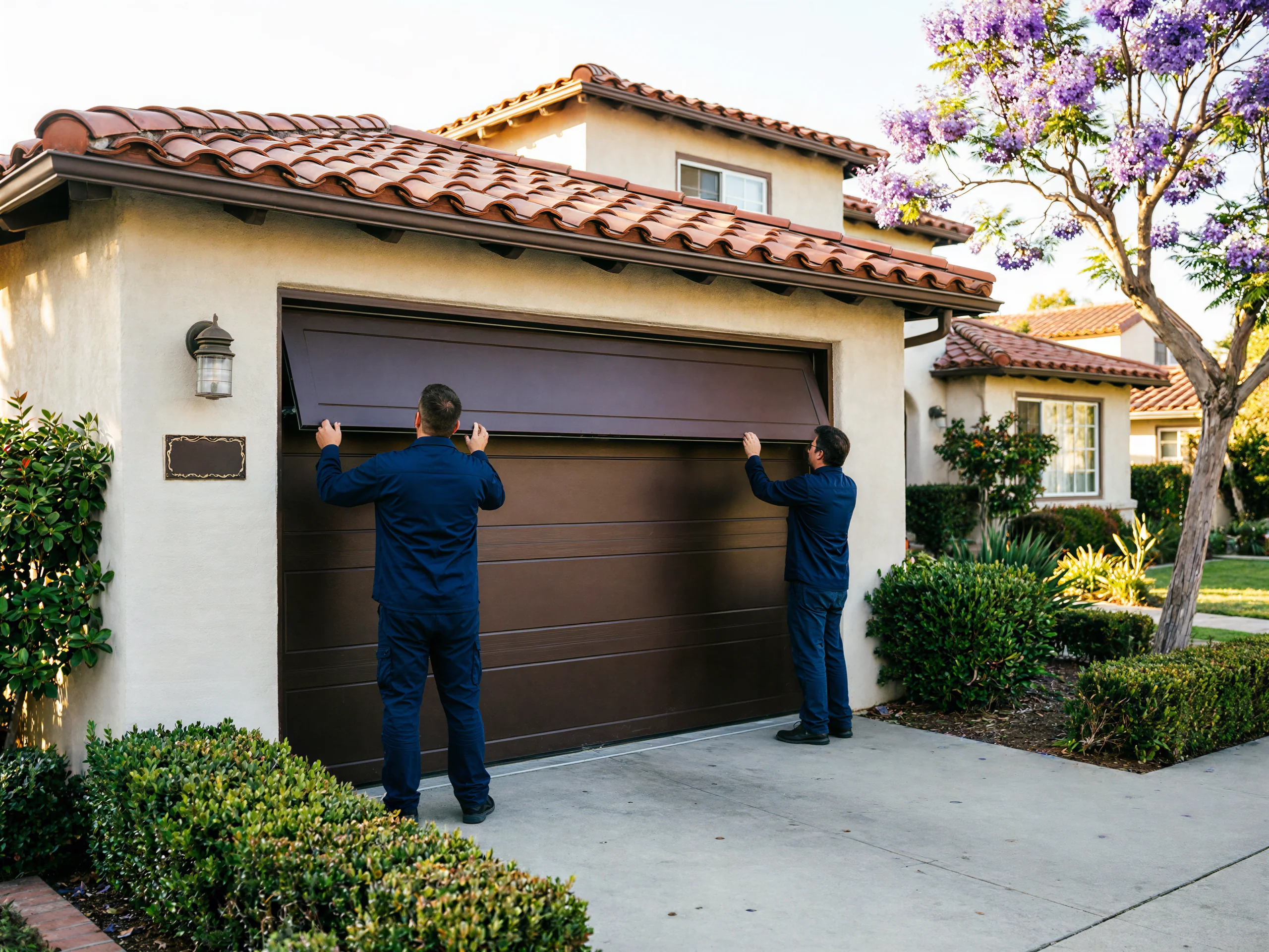 Two technicians are installing a brown garage door on a house.