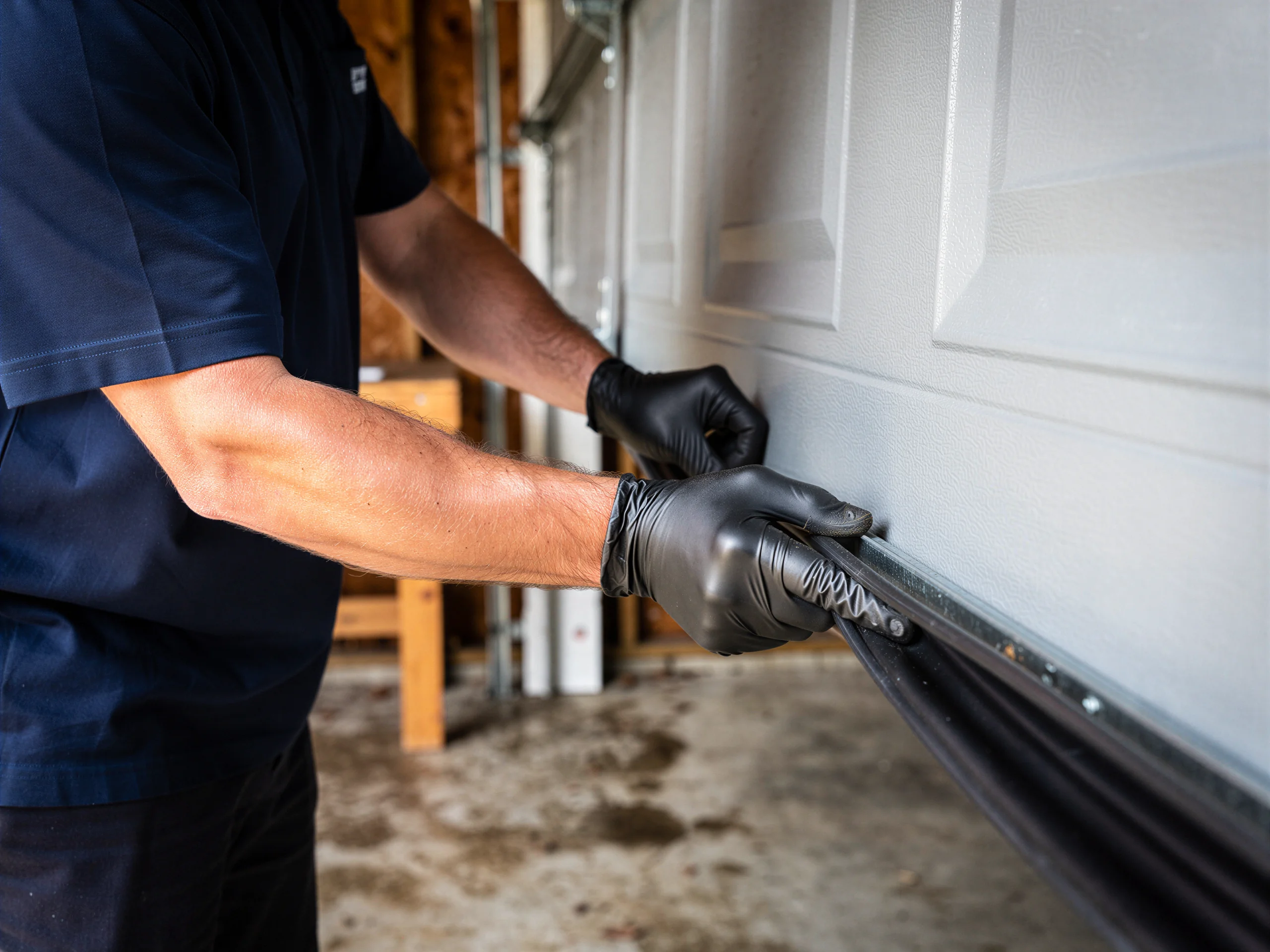 A technician wearing black gloves is installing a garage door bottom seal.