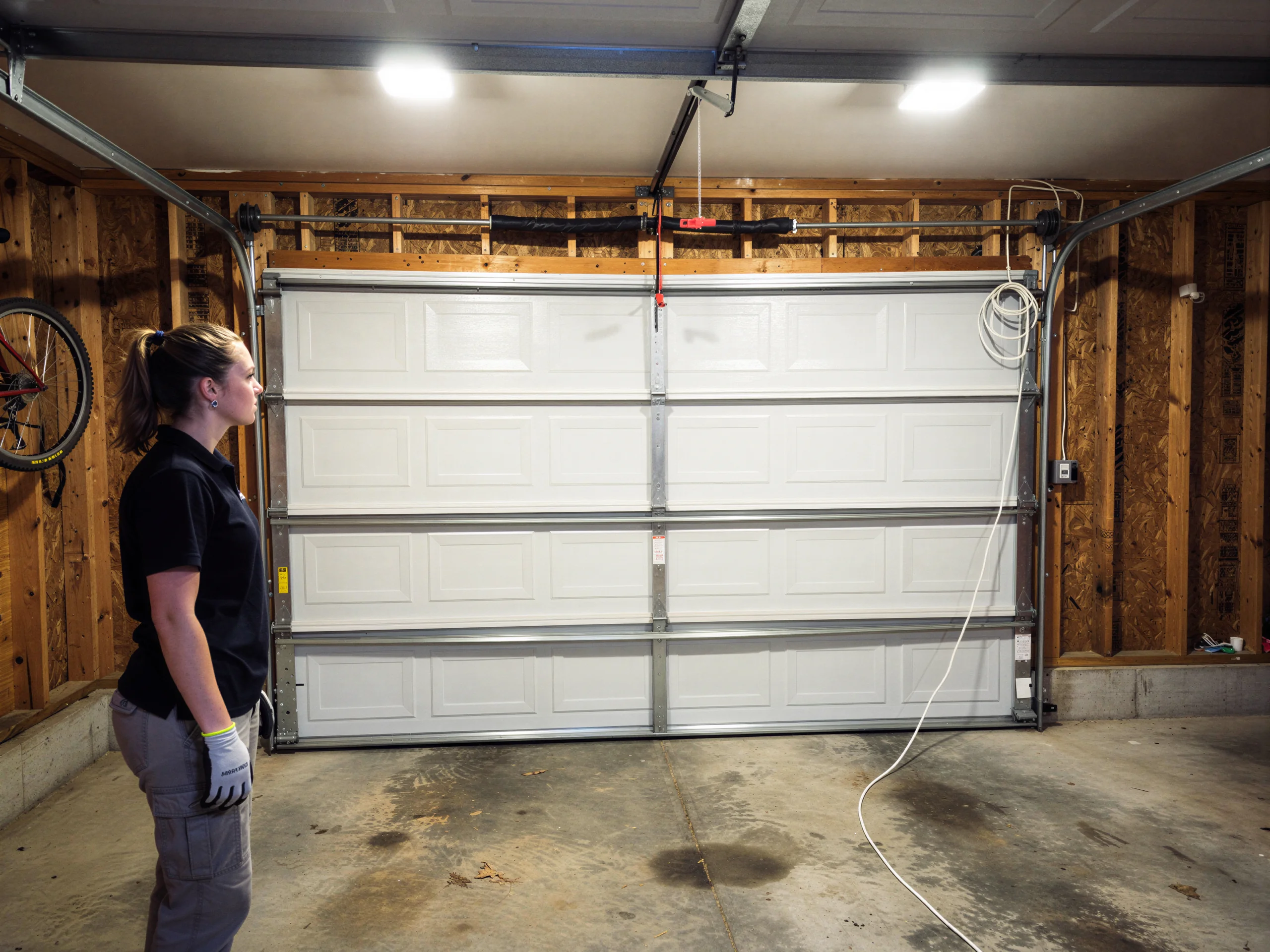 A technician stands in a garage looking at a white garage door.