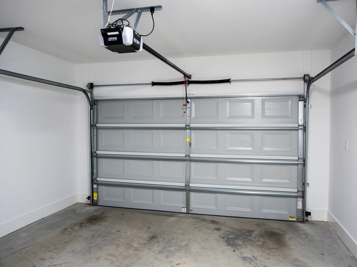A gray garage door is open with an opener and springs visible.