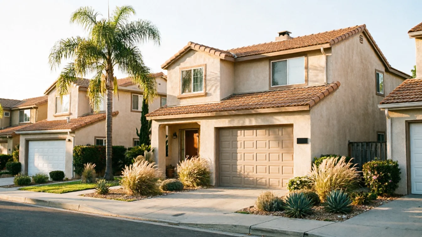 A beige house with a brown garage door and a palm tree in the front yard.